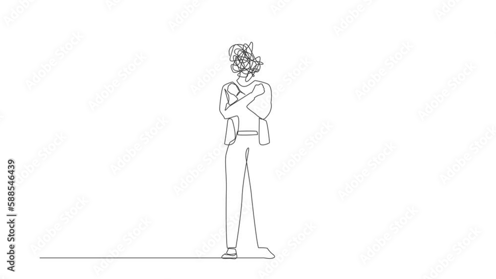 Aufkleber animated self drawing of continuous line draw businesswoman with round scribbles instead of head. ma