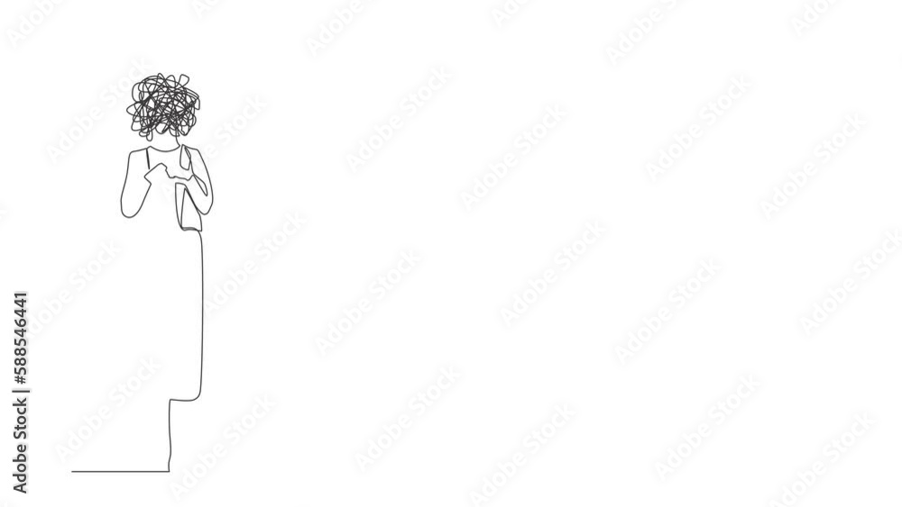 Aufkleber animated self drawing of continuous line draw businesswoman with round scribbles instead of head. ma