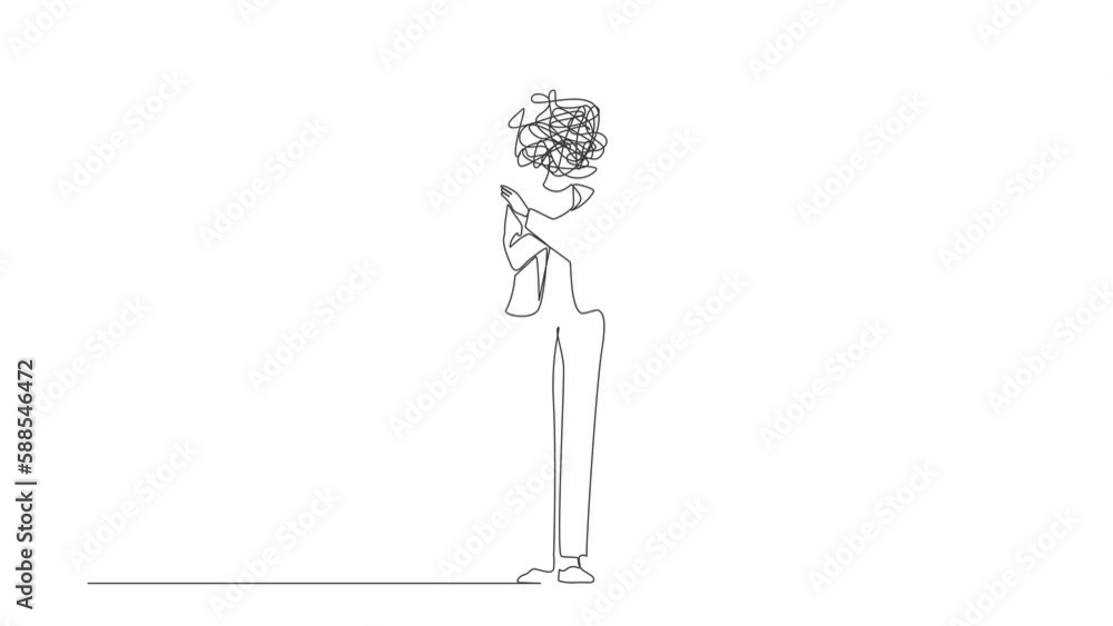 Aufkleber animated self drawing of continuous line draw businesswoman with round scribbles instead of head. wo
