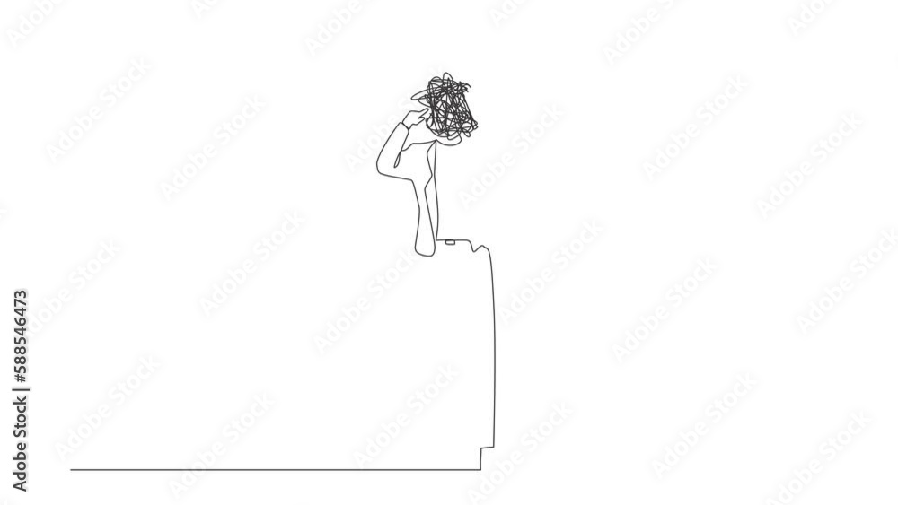 Poster self drawing animation of single line draw businesswoman with round scribbles instead of head. manag