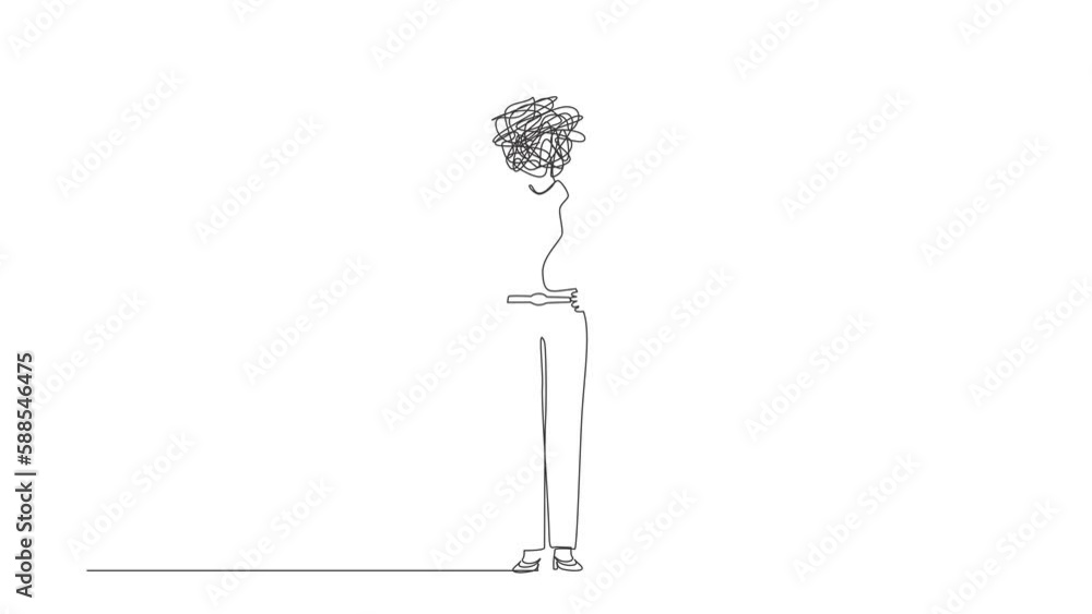 Aufkleber animated self drawing of continuous line draw businesswoman with round scribbles instead of head. bu