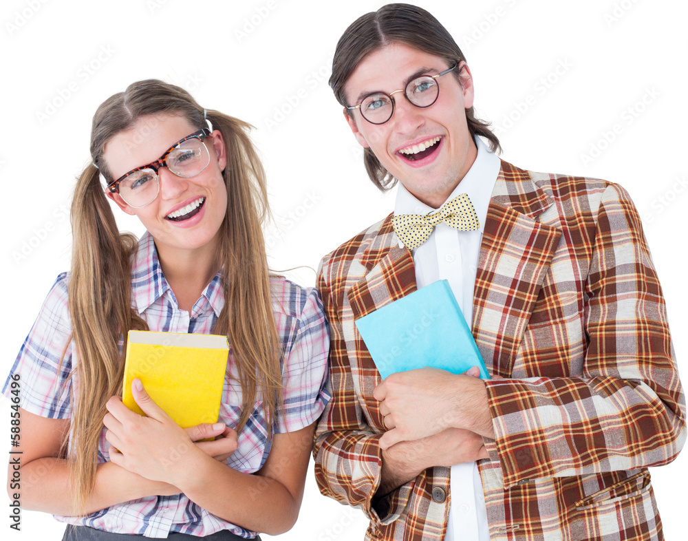 Poster geeky hipsters smiling at camera
