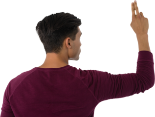 Rear view of businessman using invisible interface screen