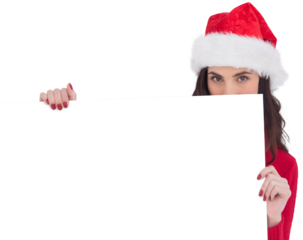 Beauty brunette in santa hat showing white poster