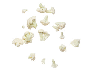 Cauliflower fly fall mid air, green fresh vegetable Cauliflower cut chop slice. Organic fresh vegetable Cauliflower, close up texture. White background isolated freeze motion high speed shutter