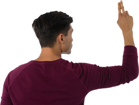 Rear view of businessman using invisible interface screen - Powered by Adobe