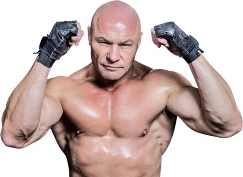 Portrait of bald man showing muscular build