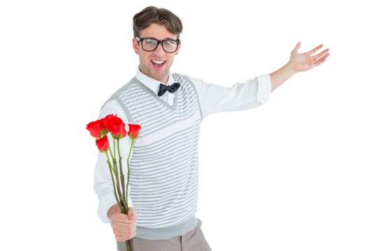 Geeky hipster offering bunch of roses