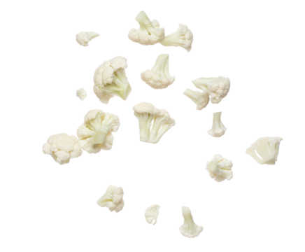 Cauliflower fly fall mid air, green fresh vegetable Cauliflower cut chop slice. Organic fresh vegetable Cauliflower, close up texture. White background isolated freeze motion high speed shutter
