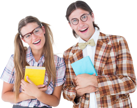 Geeky hipsters smiling at camera 