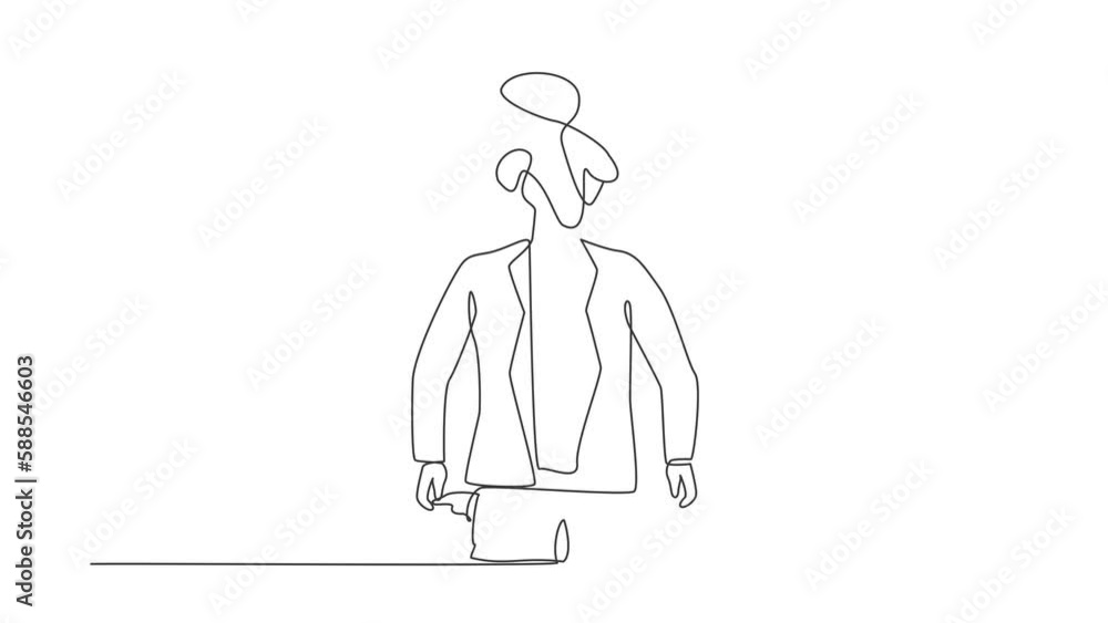 Poster self drawing animation of single one line draw businessman with round scribbles instead of head. wor