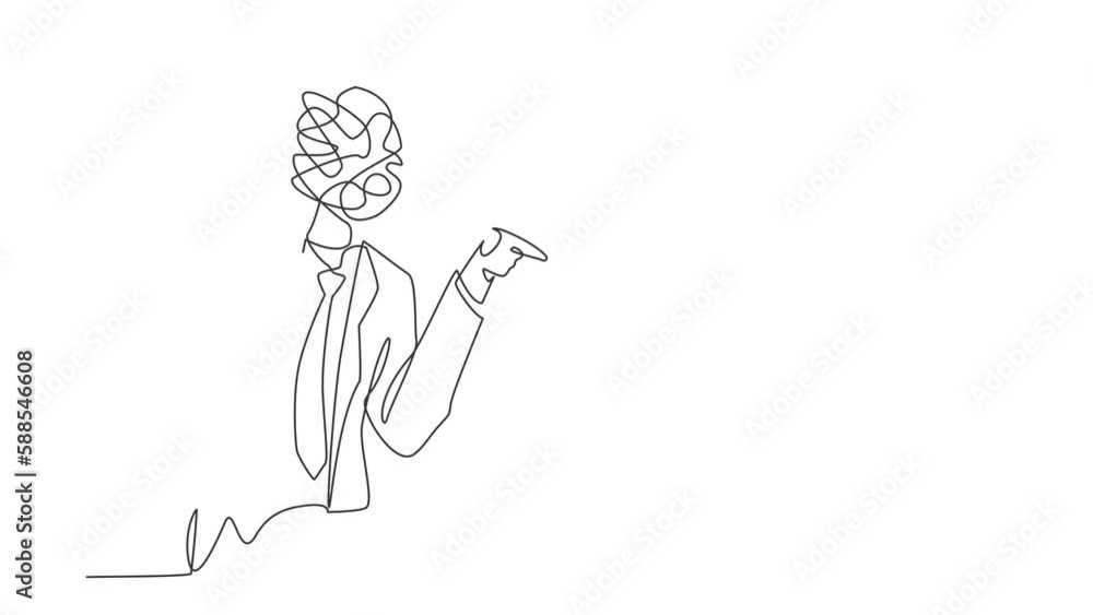 Poster animated self drawing of continuous line draw businessman with round scribbles instead of head. work