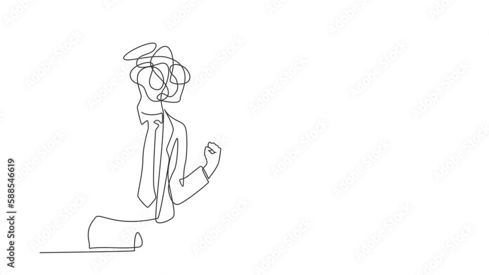 Poster self drawing animation of single line draw businessman with round scribbles instead of head. manager