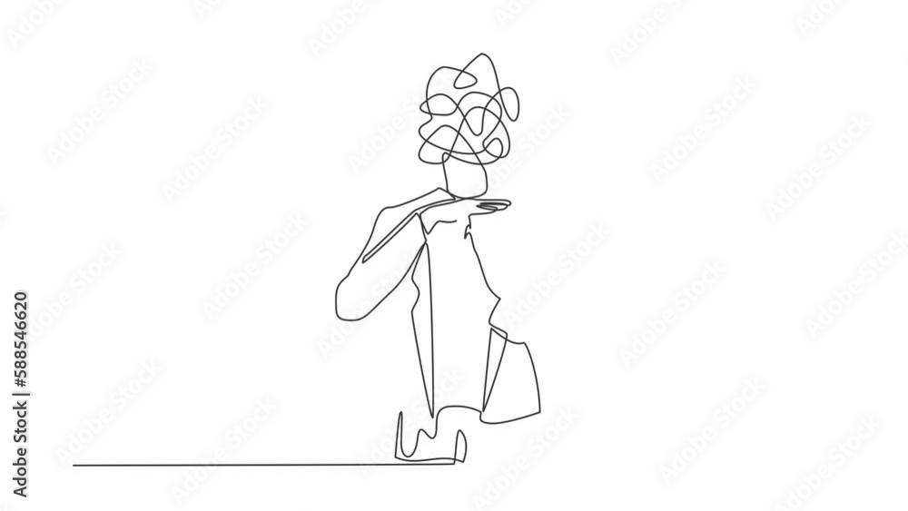 Poster animated self drawing of single continuous line draw businessman with round scribbles instead of hea