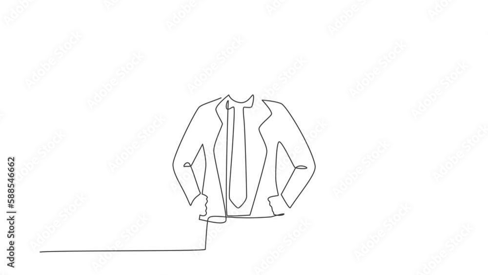 Poster animated self drawing of continuous line draw businessman with round scribbles instead of a head. ma