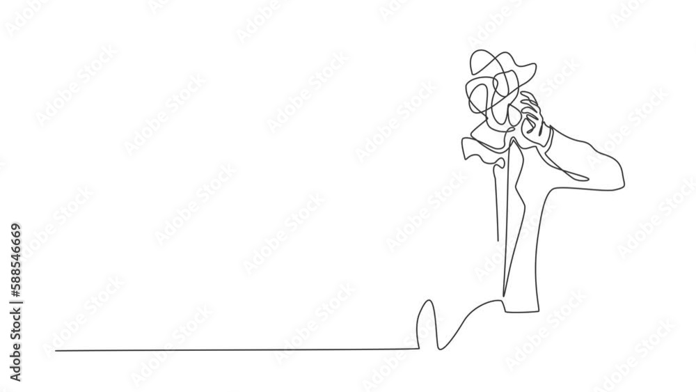 Poster animated self drawing of continuous line draw businessman with round scribbles instead of head. man 