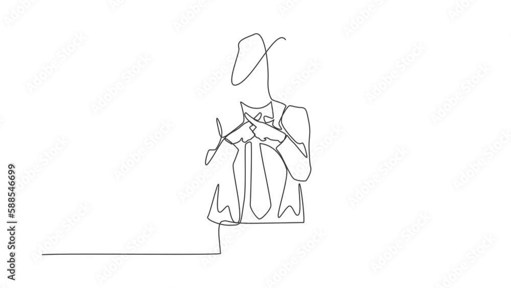 Poster self drawing animation of single one line draw businessman with round scribbles instead of head. man