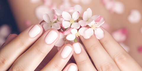 Classic white wedding nail manicure with flowers. Spa treatment concept. Natural hygiene. Health care. Beauty spa salon. Salon procedure Woman body care. 
