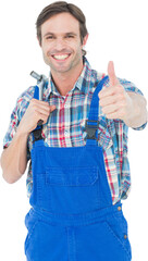 Confident plumber holding tool while gesturing thumbs up