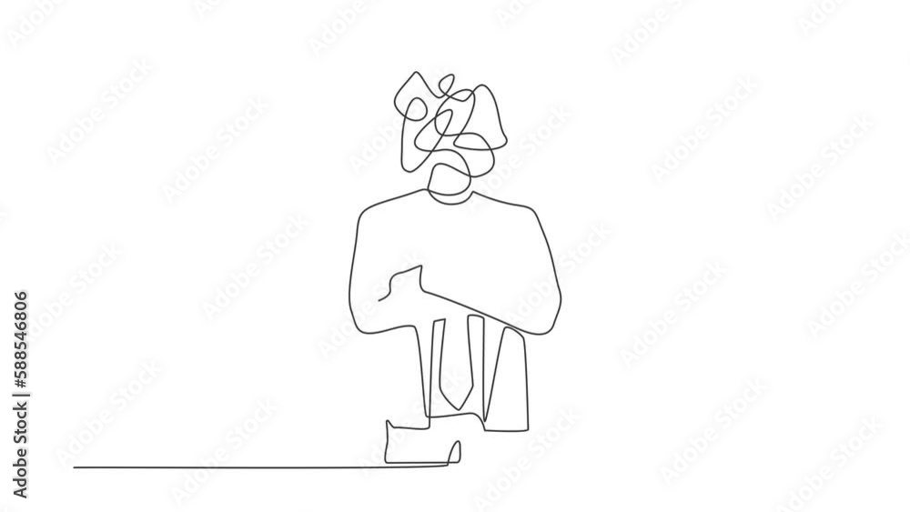 Poster self drawing animation of single line draw businessman with round scribbles instead of head. manager