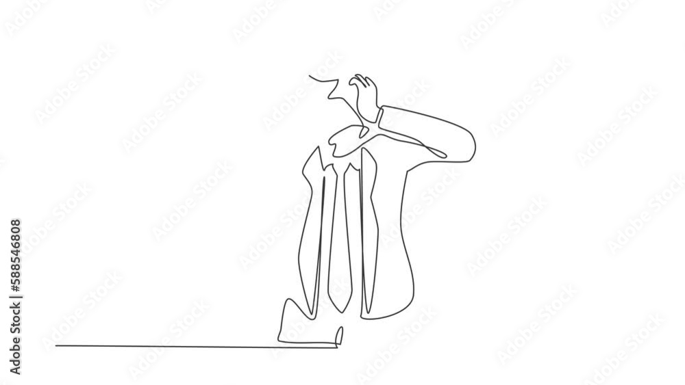 Poster self drawing animation of single line draw businessman with round scribbles instead of head. confusi