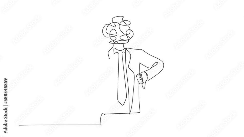 Poster animated self drawing of continuous line draw businessman with round scribbles instead of head. conf