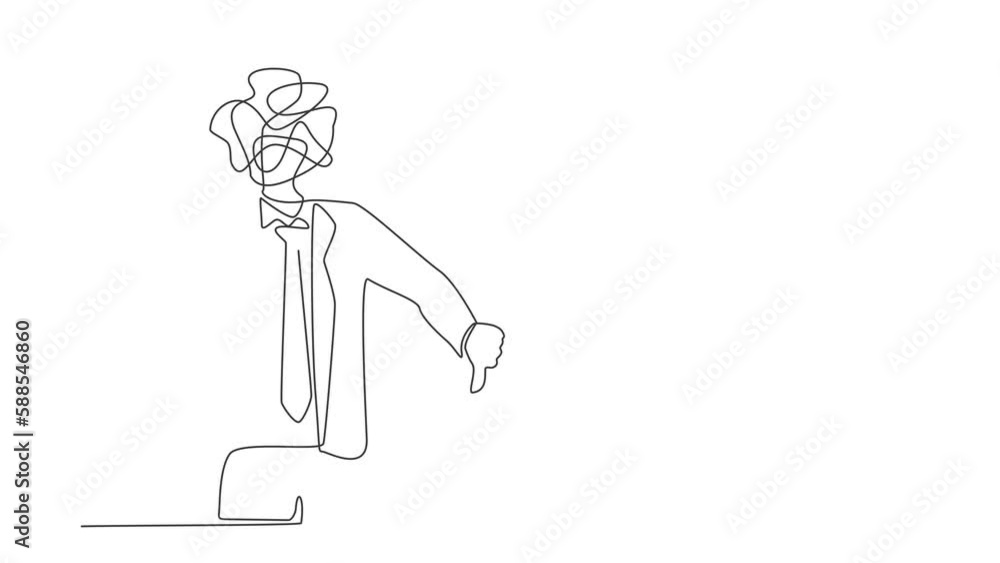 Poster animated self drawing of continuous line draw businessman with round scribbles instead of head. conf