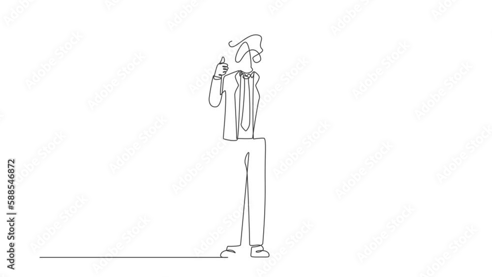 Poster self drawing animation of single line draw businessman with round scribbles instead of head. confuse