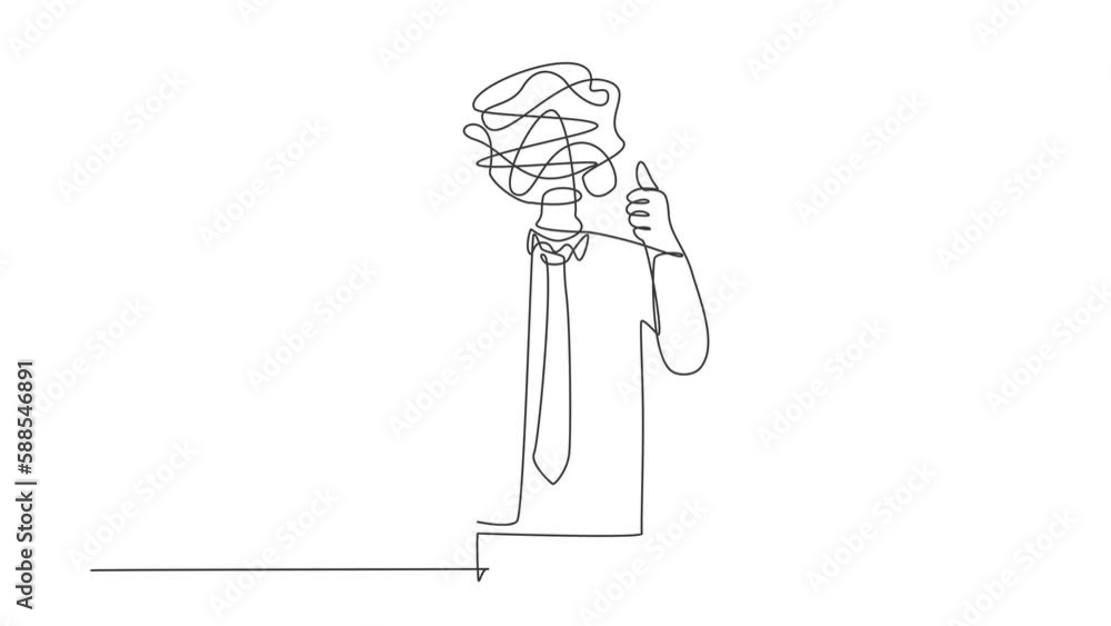 Poster self drawing animation of single line draw businessman with round scribbles instead of head. confuse
