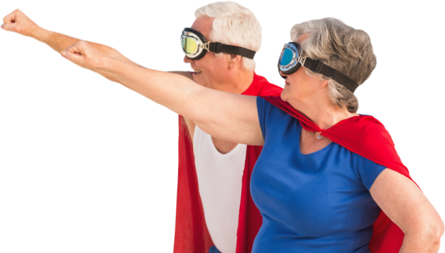 Senior couple wearing superman costume