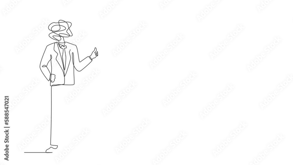 Poster animated self drawing of continuous line draw businessman with round scribbles instead of a head. ma