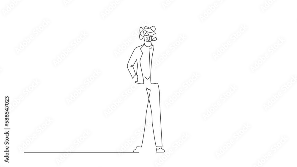 Poster animated self drawing of single continuous line draw businessman with round scribbles instead of hea
