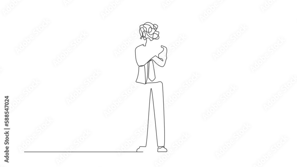 Poster animated self drawing of continuous line draw businessman with round scribbles instead of head. mana