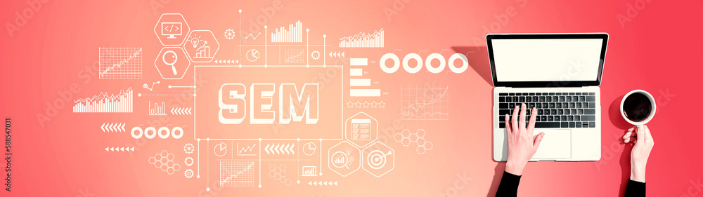 Poster sem - search engine marketing theme with person using a laptop computer