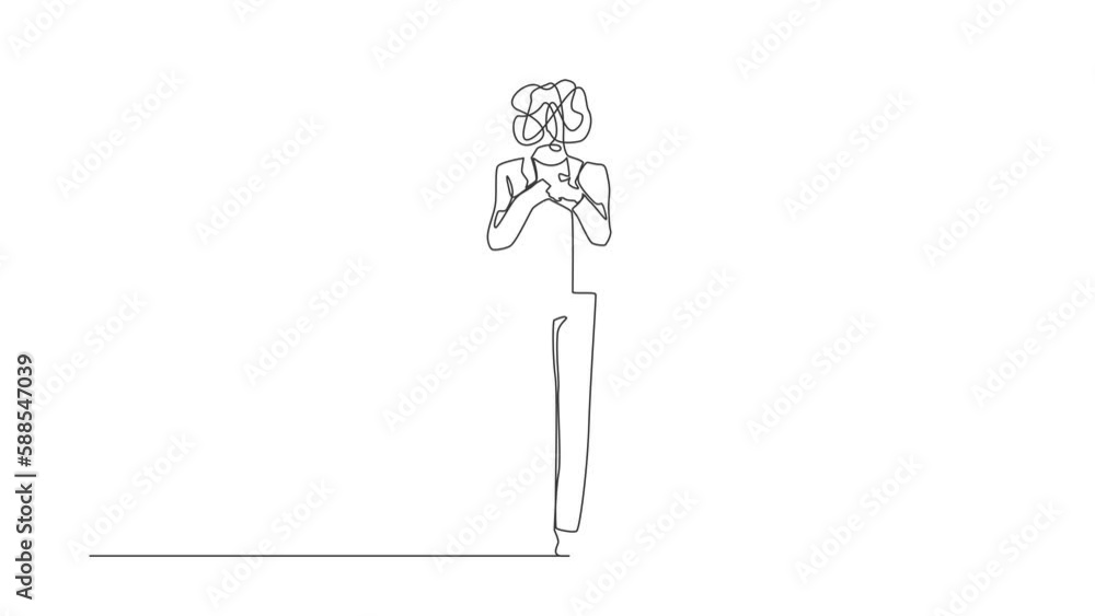 Poster animated self drawing of continuous line draw businessman with round scribbles instead of head. mana