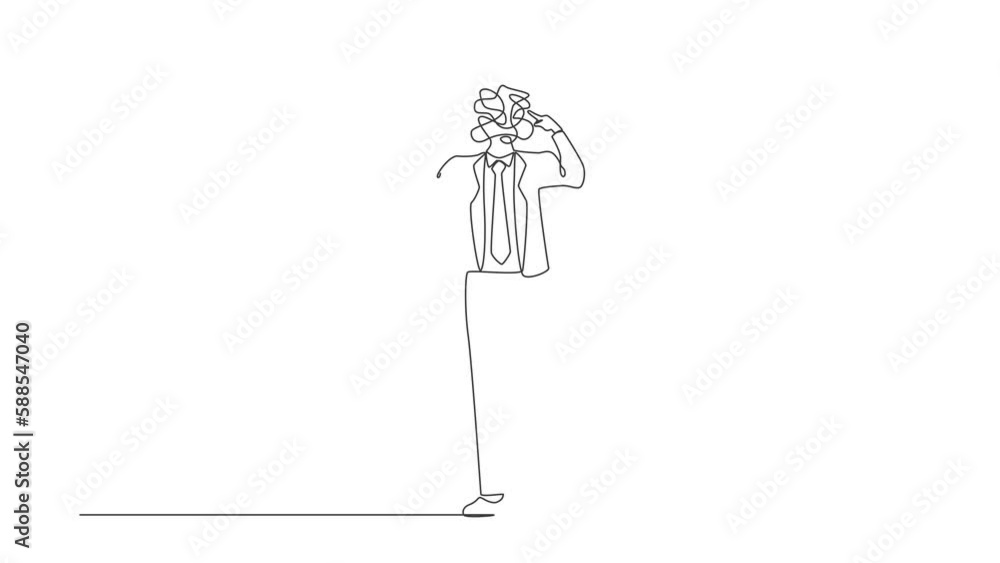 Poster animated self drawing of continuous line draw businessman with round scribbles instead of head. mana