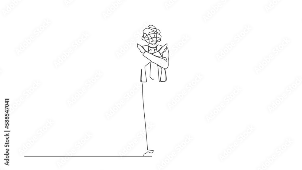 Poster animated self drawing of continuous one line draw businessman with round scribbles instead of head. 
