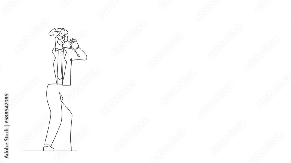 Poster self drawing animation of single line draw businessman with round scribbles instead of head. shocked