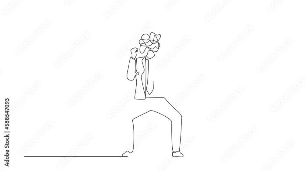 Poster self drawing animation of single line draw businessman with round scribbles instead of head. angry m
