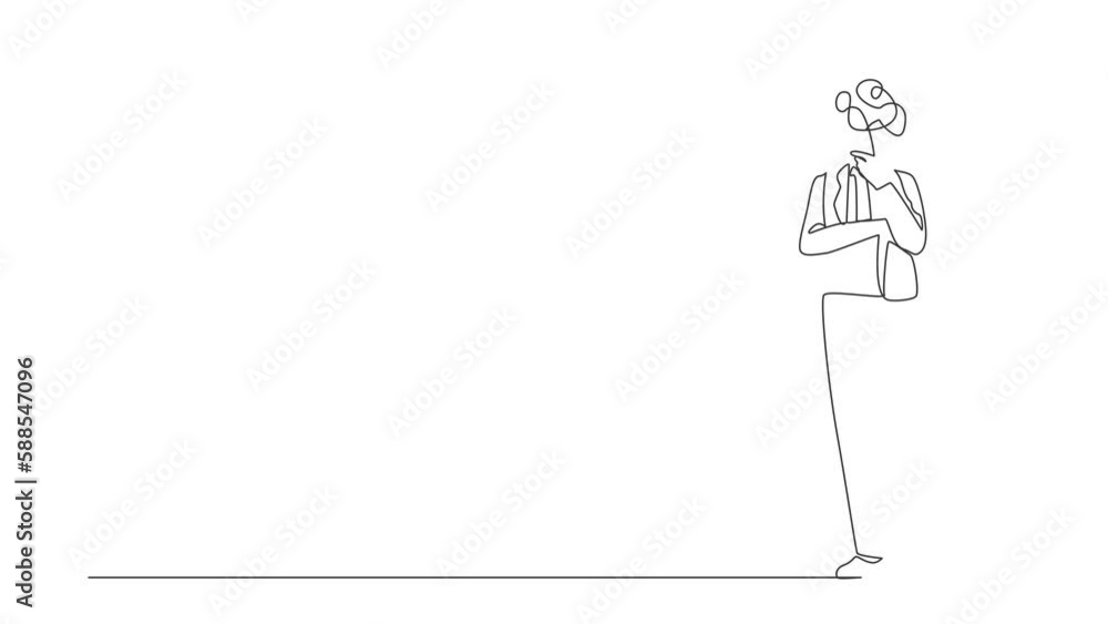 Poster animated self drawing of continuous line draw businessman with round scribbles instead of a head. ma