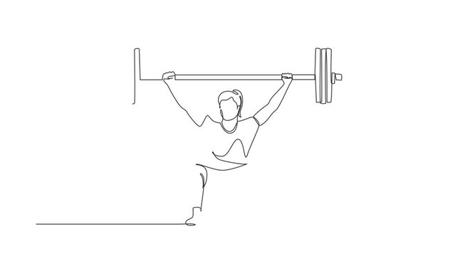 Animated self drawing of single continuous line draw disabled woman weightlifter with amputated legs. Female amputee, heavyweight. Bionic prosthetic improving life quality. Full length one animation