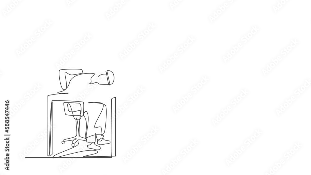 Poster self drawing animation of single line draw sick tired arabian manager in office boring sitting with 