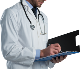 Mid-section of male doctor writing on clipboard