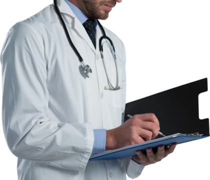 Mid-section of male doctor writing on clipboard - Powered by Adobe