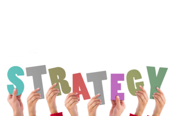 Colorful alphabet spelling strategy held up by people