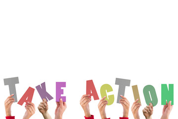 Cropped hands holding colorful words take action 