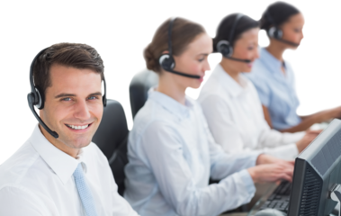 Business people with headsets using computers 