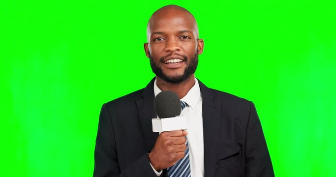 Man, microphone and news presenter in green screen studio with smile, focus and listening for question. African reporter, mic and mock up portrait with interview for story, conversation and speech