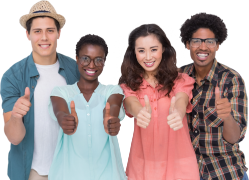 Stylish friends smiling at camera together