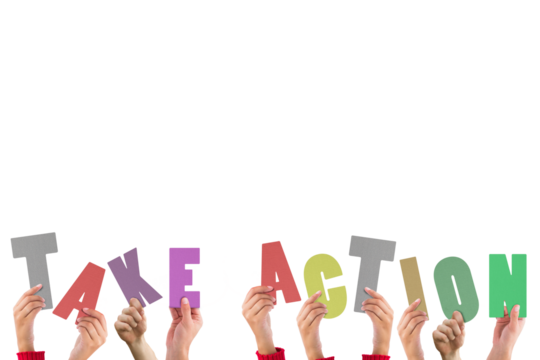 Cropped hands holding colorful words take action  - Powered by Adobe